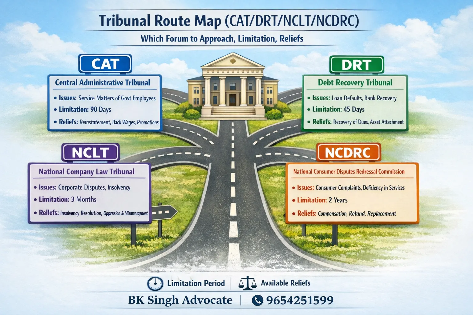 Tribunal Route Map (CAT/DRT/NCLT/NCDRC): Which Forum to Approach, Limitation,  Reliefs